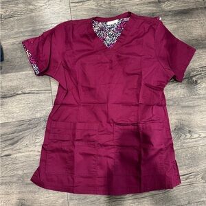 Women's V-Neck Berry Tunic Scrub Top with Floral Trim